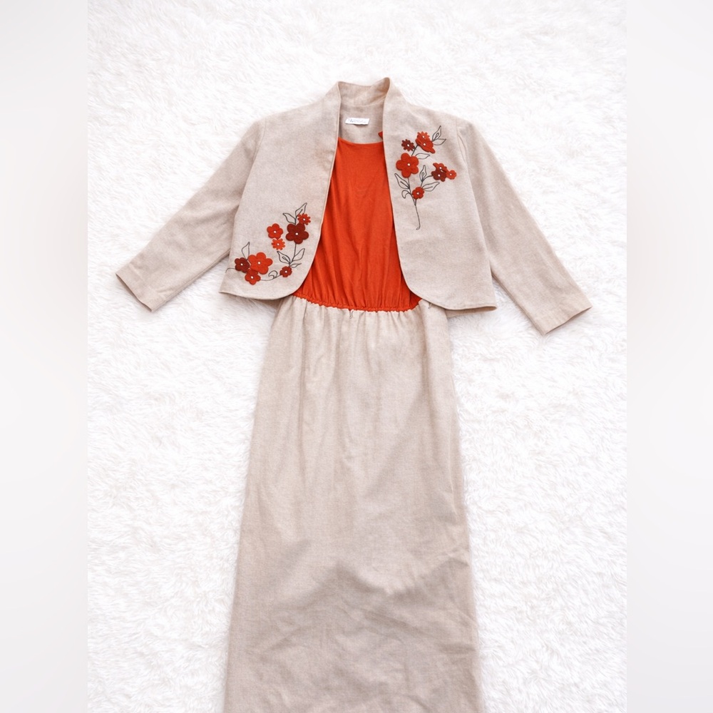 Hal Hardin Beige Embroidered Jacket & Dress Set M Floral 2-Piece